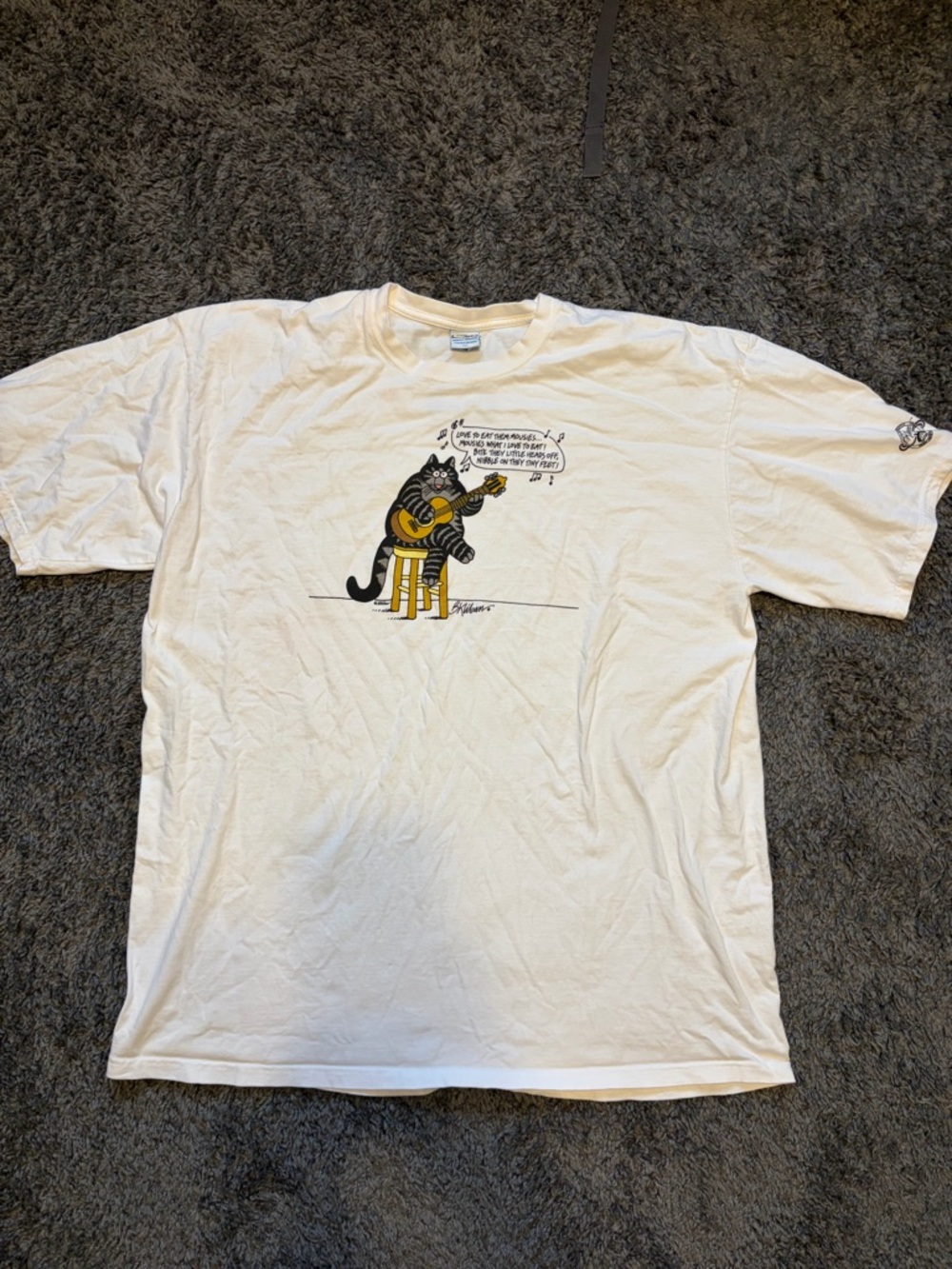 White Short Sleeve Graphic Tee with Cat Guitar Print